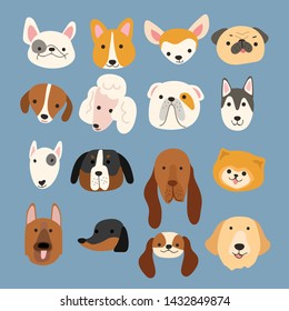 Set of Puppy faces isolated on pastel background : Vector Illustration