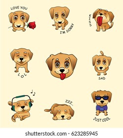 Set Of Puppy Stickers, List Of Emojis With Cute Dog, Vector Isolated On White Background