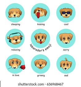 Set of puppy stickers, list of emojis with cute dog, round vector icons