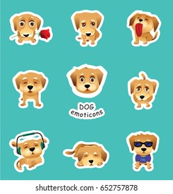 Set of puppy stickers, list of emojis with cute dog, vector isolated on white background