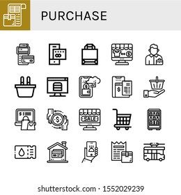 Set of purchase icons. Such as Packing list, Pos, Credit card, Paper bag, Online shop, Salesman, Shopping basket, Online order, Cashless, Online payment, shopping , purchase icons