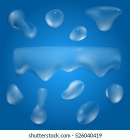 Set of pure clear blue water drops, realistic isolated on transparent background. Vector illustration.
