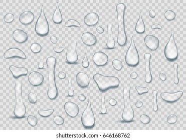 Set of Pure clear Drops of water on a transparent background.  Realistic water background with drops isolated. Vector illustration.