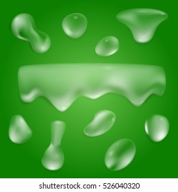 Set of pure clear green water drops, realistic isolated on transparent background. Vector illustration.