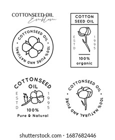 Set Pure Cottonseed Oil Liner labels and badges - Vector Round Icons, Stickers, Stamps, Tags Cotton Flowers Isolated on White Background - Natural Organic Oil Logos.