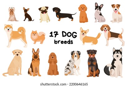 A set of purebred dogs on a white background. Cartoon design.
