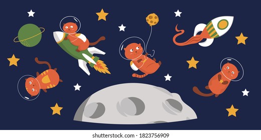 Set of purebred pet animals isolated. Cat astronaut soaring in space on background stars sky. Flat cartoon vector illustration. Set of cute stickers.