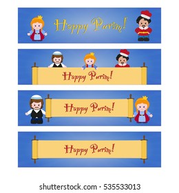 Set of Purim banners with Esther, Mordecai and Achashverosh. Jewish holiday of Purim. Vector illustration of fun characters in cartoon style