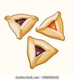 Set Of Purim Cookies Hamantaschen (Haman’s Ears) Traditional Jewish Food. Vector Illustration