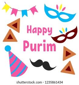 Set of Purim illustrations in flat design. Lettering. Vector.