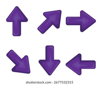 Conjunto de iconos de flecha brillante púrpura 3d que se muestran hacia abajo izquierda derecha y direcciones diagonales Aislado en fondo blanco para App de Web de diseño de navegación y gráficos de interfaz de usuario