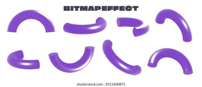 Um conjunto de textura de bitmap de meio-tom de formas de semitronco 3D roxas. Formas curvas e arcos com padrão de pontos. Ilustração vetorial para projetos de design, animações e efeitos visuais modernos