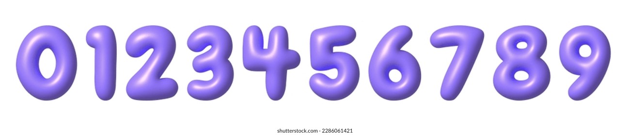 Set of purple 3D numbers icons. Cute metallic cartoon math font with shiny bright highlights. 3d realistic design element. Vector illustration.