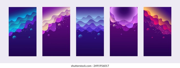 Set of purple abstract banners. Templates for stories, flyers, cards, web banners. Vector modern illustration