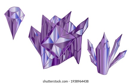  set of purple amethyst crystals. Vector illustration of a collection of minerals isolated on a white background. Alternative medicine. Treatment with stones.