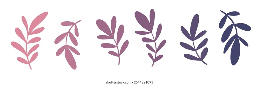 Situado com outono roxo, folhas de inverno. Rampas isoladas de folhas desenhadas à mão, folhagem lilás isolada simples. Coleção de silhuetas de plantas, elementos de design botânico. Ilustração vetorial.