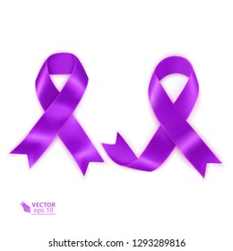 Set of Purple awareness ribbons for general cancer awareness, Lupus awareness, drug overdose, domestic violence, Alzheimer disease and Hodgkin disease symbol, realistic Vector illustration
