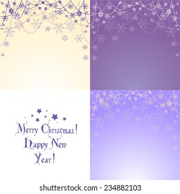 Set of purple backgrounds with  snowflakes on a string of beads for greeting cards for new year or Christmas