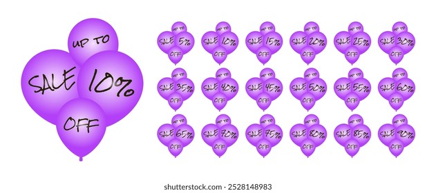 Set of purple balloons with discounts, with handwritten effect with marker. Up to 5, 10, 15, 20, 25, 30, 35, 40, 45, 50, 55, 60, 65, 70, 75, 80, 85, 90 percent off. Sale.