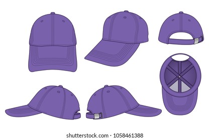 Set Purple Baseball Cap With Silver Buckle Strap Vector Template.