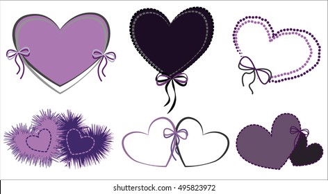 A set of purple and black dark Gothic embroidered frames of threads with hearts, bows and ribbons