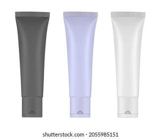 Set of purple, black and white plastic tubes. Salve or ointment. Plastic bottle. Mint, lavender or lilac gel. Lip or eye serum. 3d mockup.