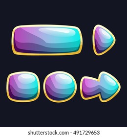 Set of purple and blue glossy buttons, panel and arrows in gold frame for GUI design. Cute cartoon game assets vector illustration.