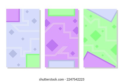 set of purple, blue and green abstract portrait background with square pattern and lines. simple, flat and colorful. used for wallpaper, backdrop, social media stories and poster