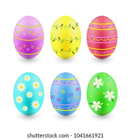 Set of purple, blue, turquoise, green, yellow, red painted Easter eggs isolated on white 