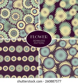 Set of purple and blue vector seamless patterns with stylized flowers 