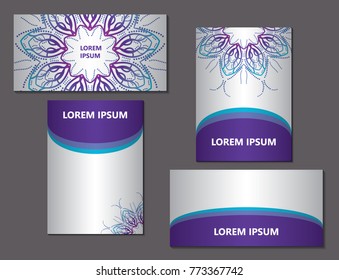 Set of purple, blue, white and violet brochures, invitation cards, flyers design. Mandala floral design.