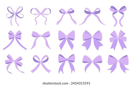 A set of purple bows with varying sizes and shapes. The bows are all different but share a similar color and design