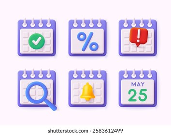 Set of Purple Calendar Schedule Chekclist Symbols. 3D Web Vector Illustrations.