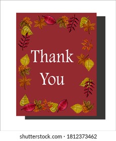 A set of purple cards with yellow, red and orange autumn leaves. Birthday, thanks, wedding. Isolated objects. Vector illustration.