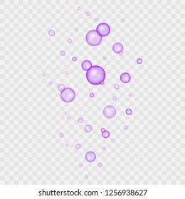 Set of purple clear drops of pure clear water isolated on a transparent background. Realistic vector illustration. Can be used for wallpaper, textile, invitation card, web page background.