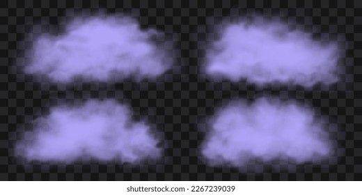 Set aus violetten Wolken aus Gas, Nebel oder Rauch. Realistische Vektorgrafik einzeln auf transparentem Hintergrund.