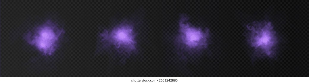 Conjunto de nuvens roxas de fumaça e vapor com efeito de fumaça tóxica sobre fundo transparente. Elementos vetoriais para ilustrações, banners, cenas de fantasia, efeitos especiais e design com átomos de neblina e névoa