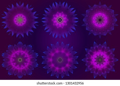 Set of purple color Floral Mandala. Arabic, Indian, Motifs. Vector Illustration