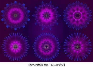 Set of purple color Floral Mandala. Arabic, Indian, Motifs. Vector Illustration
