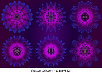 Set of purple color Floral Mandala. Arabic, Indian, Motifs. Vector Illustration