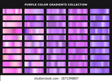 Set of purple color gradients collection. Foil texture backgrounds. Elegant, shiny and bright purple gradient collection for chrome button, frame, ribbon, border, label design.