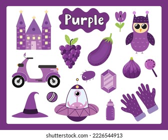 Set of purple color objects. Primary colors flashcard with purple elements. Learning colors for kids. Vector illustration