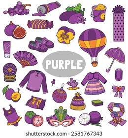 Set of purple color objects. Visual dictionary for children about the basic colors. Square cartoon sheet with isolated images to learning for kindergarten and preschool learning