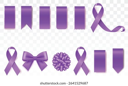 Set of Purple Color Ribbons and Tags, Pancreatic Cancer Awareness Month, Design Template For Poster, International Overdose Awareness Day, bow with gold trim and straight horizontal border, price tags