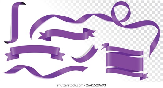 Set of Purple Color Ribbons and Tags, Pancreatic Cancer Awareness Month, Design Template For Poster, International Overdose Awareness Day, bow with gold trim and straight horizontal border, price tags