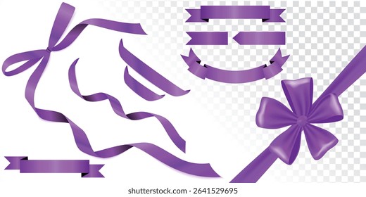 Set of Purple Color Ribbons and Tags, Pancreatic Cancer Awareness Month, Design Template For Poster, International Overdose Awareness Day, bow with gold trim and straight horizontal border, price tags