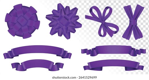 Set of Purple Color Ribbons and Tags, Pancreatic Cancer Awareness Month, Design Template For Poster, International Overdose Awareness Day, bow with gold trim and straight horizontal border, price tags