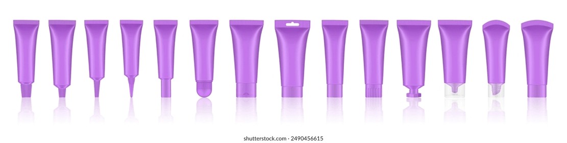 Set of purple cosmetic tubes. Closed blank tubes with caps. Realistic mockup. Long nozzle tube. for ointment or salve. Gel serum. Korean packaging. Lip gloss. Toothpaste. Hand cream	