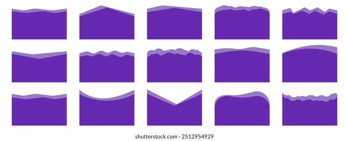 Set of purple curve lines and waves abstract design element for website bottom page. Vector illustration.