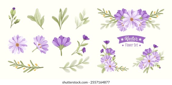 Set of Purple Daisy Flowers Decorative Element Arrangement Vector Collection. Beautiful Wreath Floral Wedding Element Invitation Decoration. Flowers Corner Borders Frame for Wedding Element 